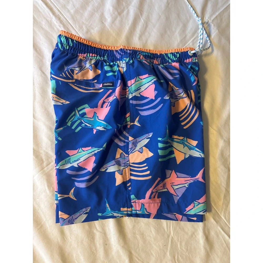 Chubbies Swim Trunks Mens Small Blue Shark Graphic 5.5 Inseam Shorts